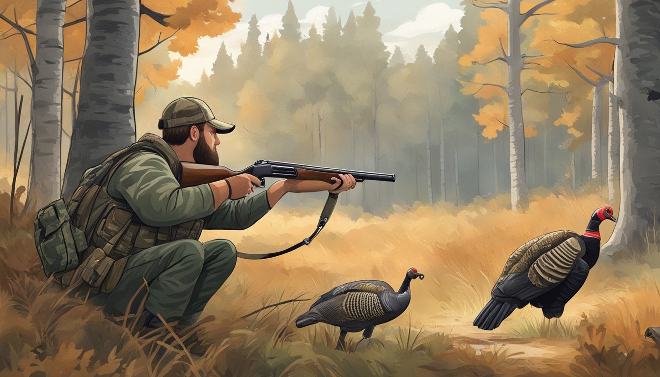 A hunter in camouflage aims a shotgun at a wild turkey in a forest clearing, while a conservationist observes from a distance