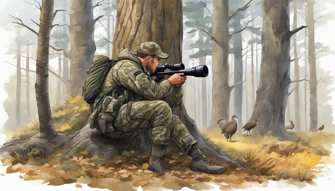 A hunter in camouflage gear crouches behind a tree, scanning the forest with binoculars as wild turkeys roam in the background