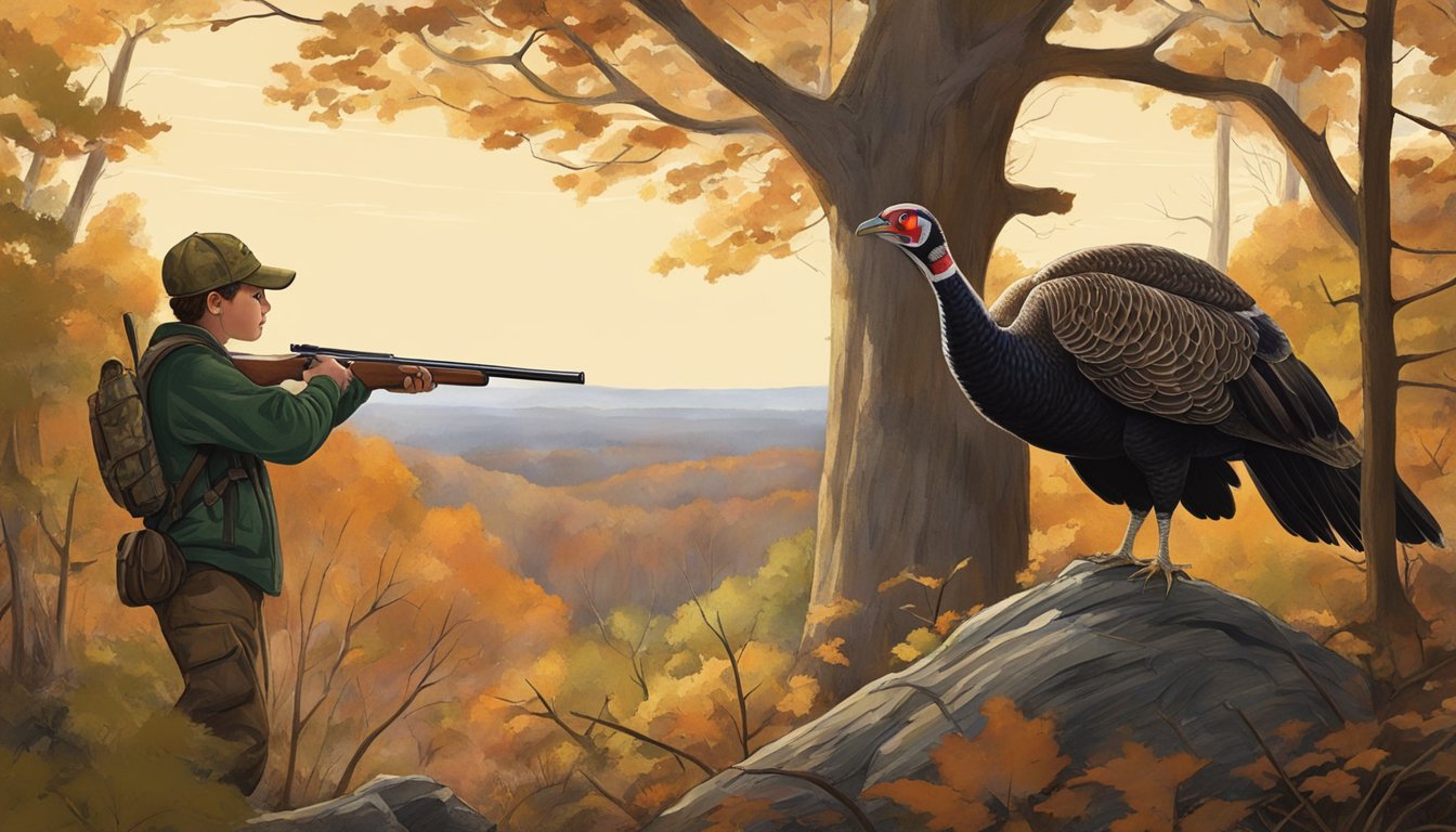 A young hunter aims at a turkey in a wooded Indiana landscape, guided by an experienced mentor