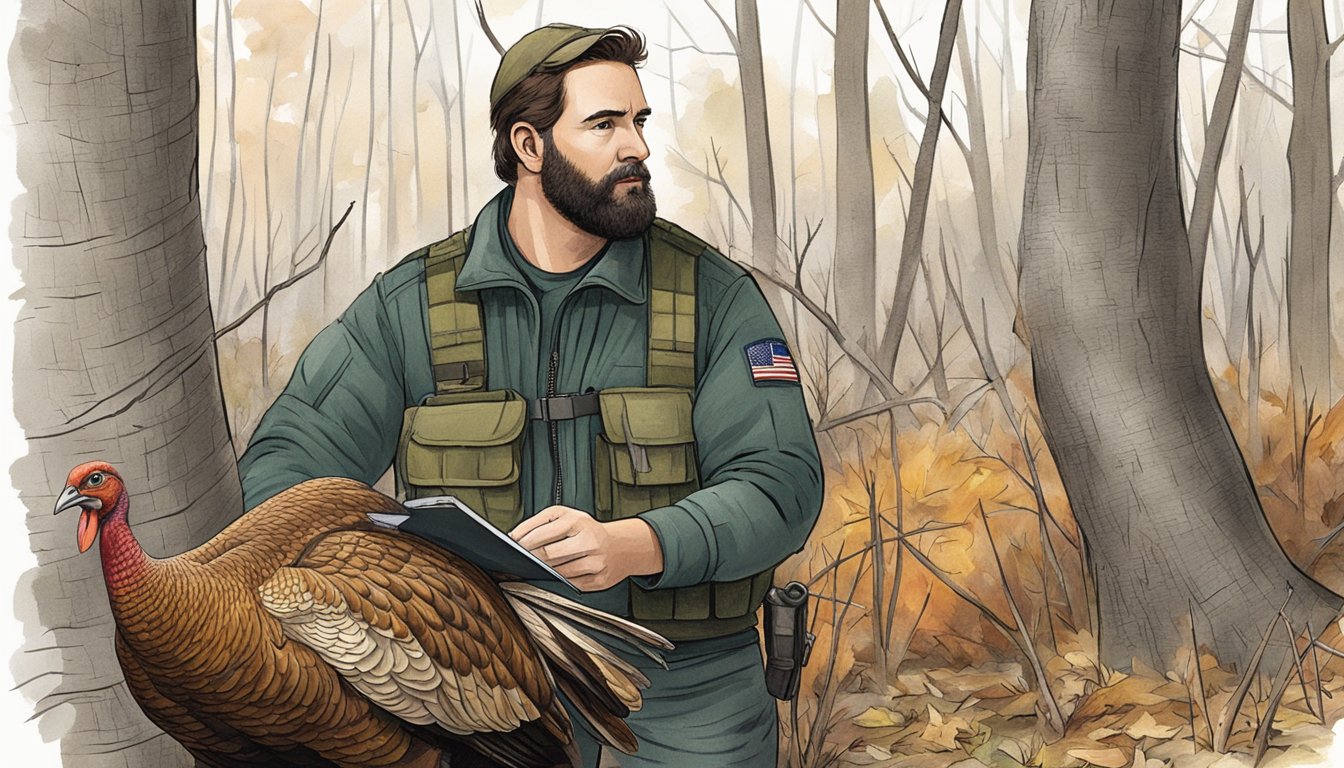 A hunter holds a freshly harvested turkey while talking to a conservation officer in a wooded area of Illinois. The officer takes notes as the hunter reports the details of the hunt