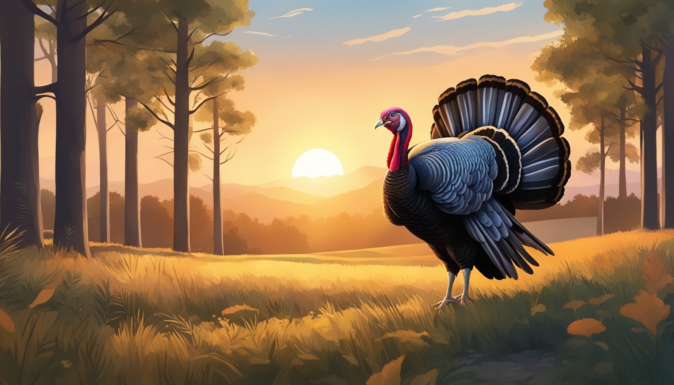 A turkey struts through an open field, surrounded by dense woodland. The sun sets behind the trees, casting a warm glow over the landscape