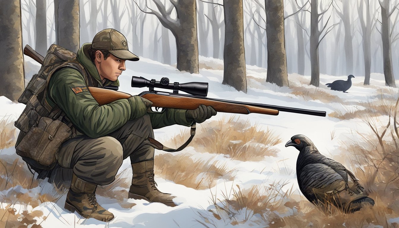 A hunter dressed in camouflage, crouched in a wooded area, aiming a shotgun at a turkey in the distance. The trees are bare, with patches of snow on the ground