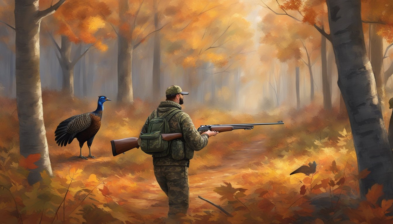 A hunter in camouflage aims a shotgun at a wild turkey in a Kentucky forest, surrounded by vibrant autumn foliage