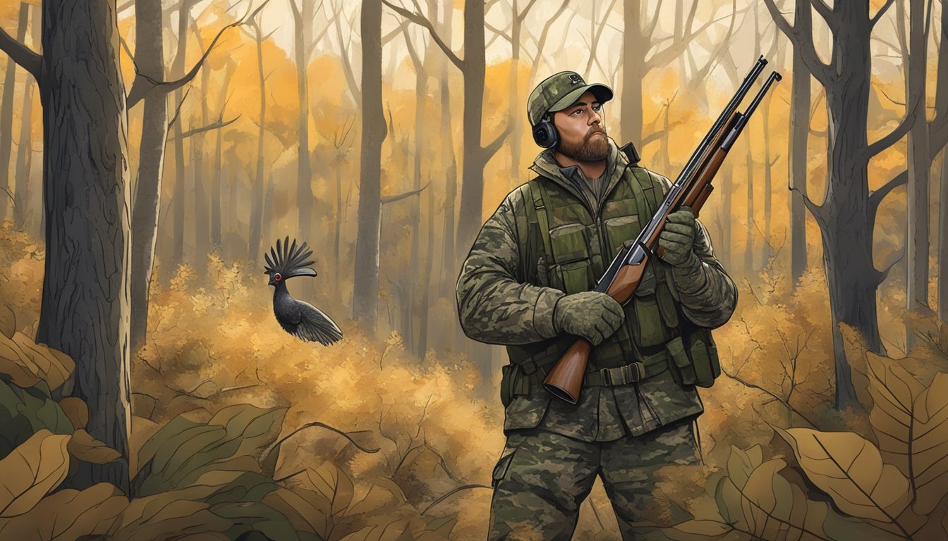 A hunter in camouflage gear holding a shotgun, surrounded by trees and bushes in a Kansas forest, with a turkey in the crosshairs