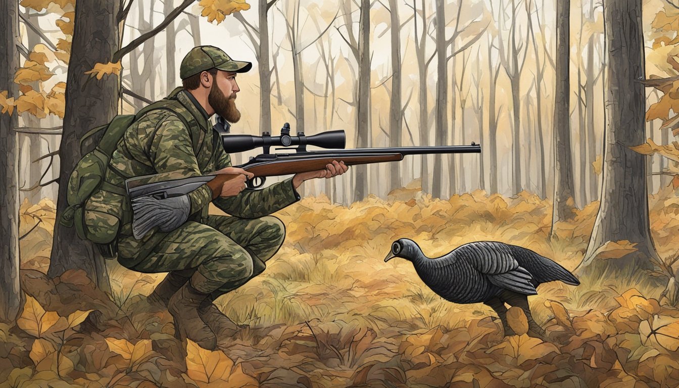 A hunter in camouflage aims a shotgun at a turkey in a forest clearing in Iowa. The turkey is unaware of the impending danger