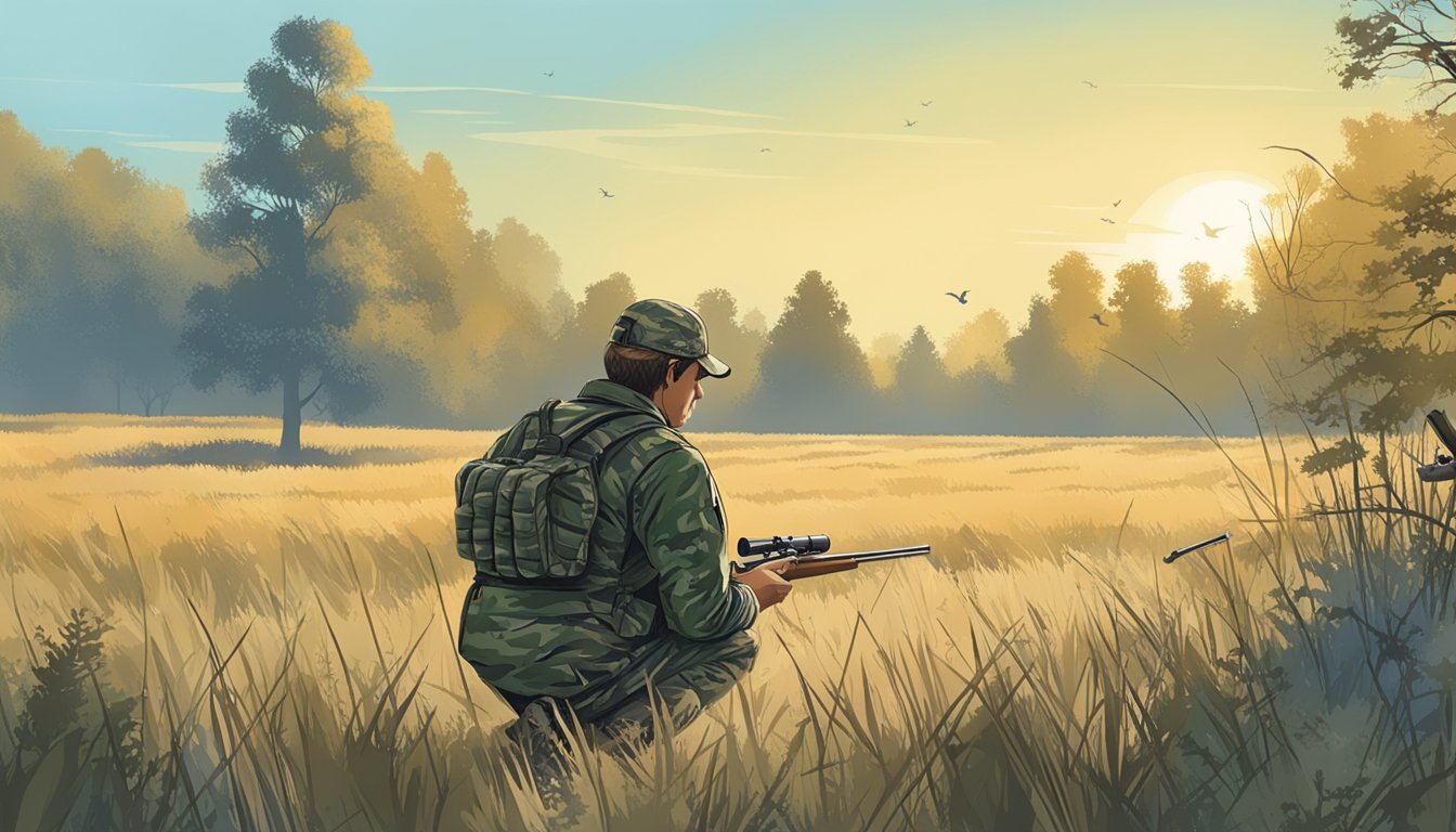 A hunter in camouflage setting up decoys in a field, surrounded by trees and a clear blue sky