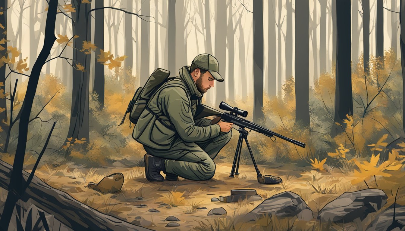 A hunter in camouflage gear crouches in a wooded area, carefully setting up decoys and adjusting his hunting equipment