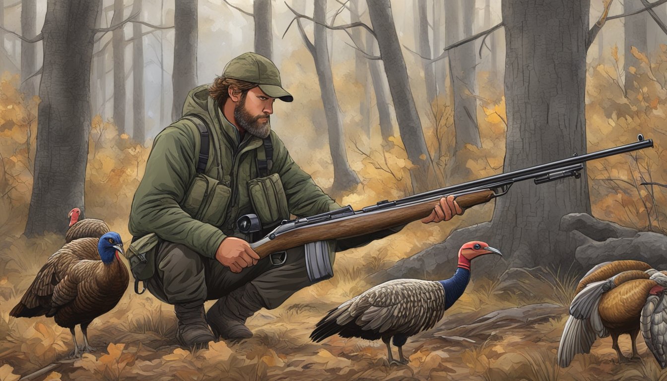 The hunter unloads their rifle and inspects the turkey, then tags and records the kill before heading back to camp