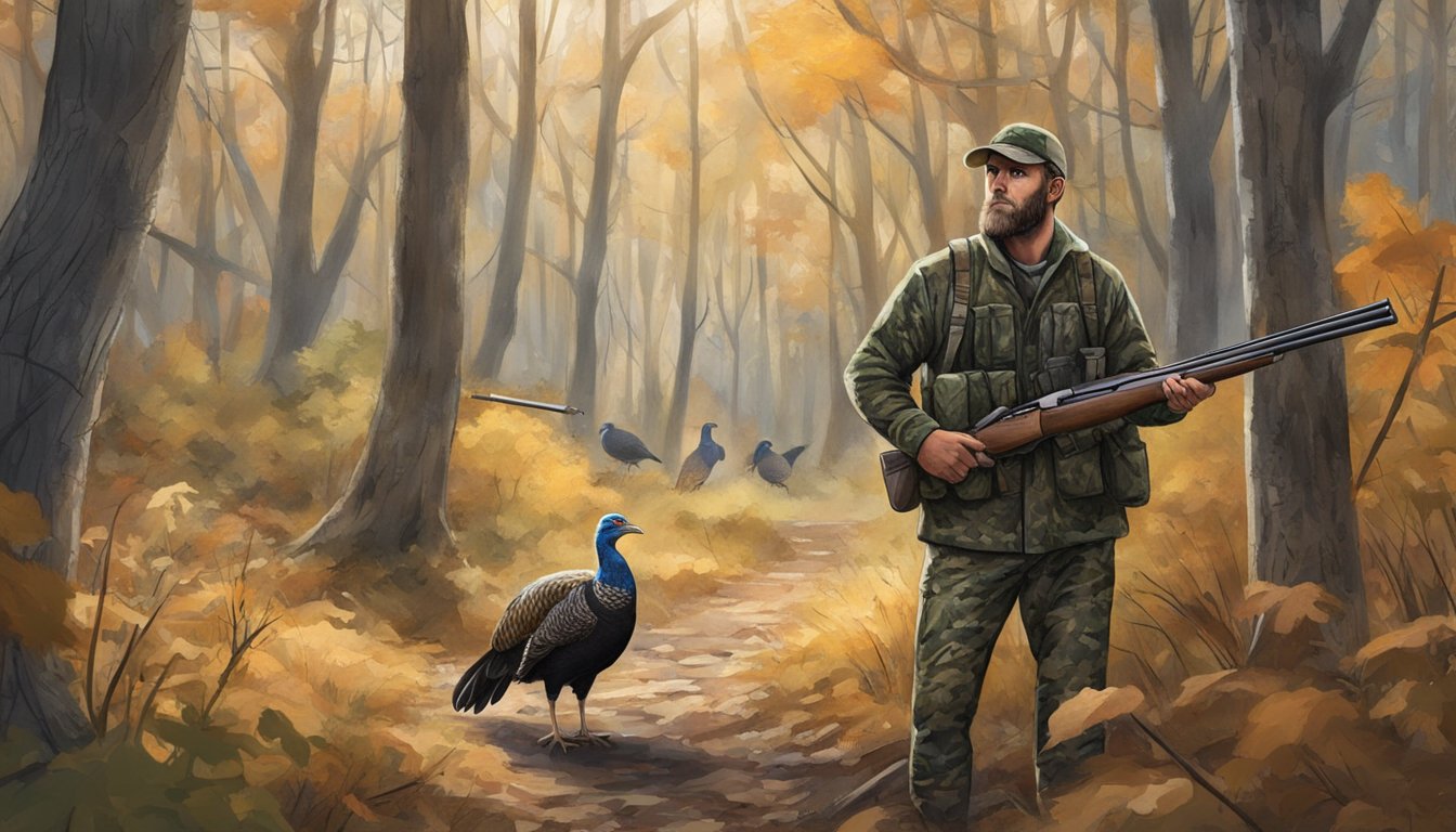 A hunter in camouflage waits quietly in a wooded area, shotgun at the ready, as a wild turkey cautiously approaches