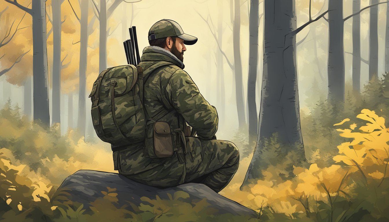 A hunter in camouflage waits in a forest clearing, surrounded by trees and listening for the call of wild turkeys