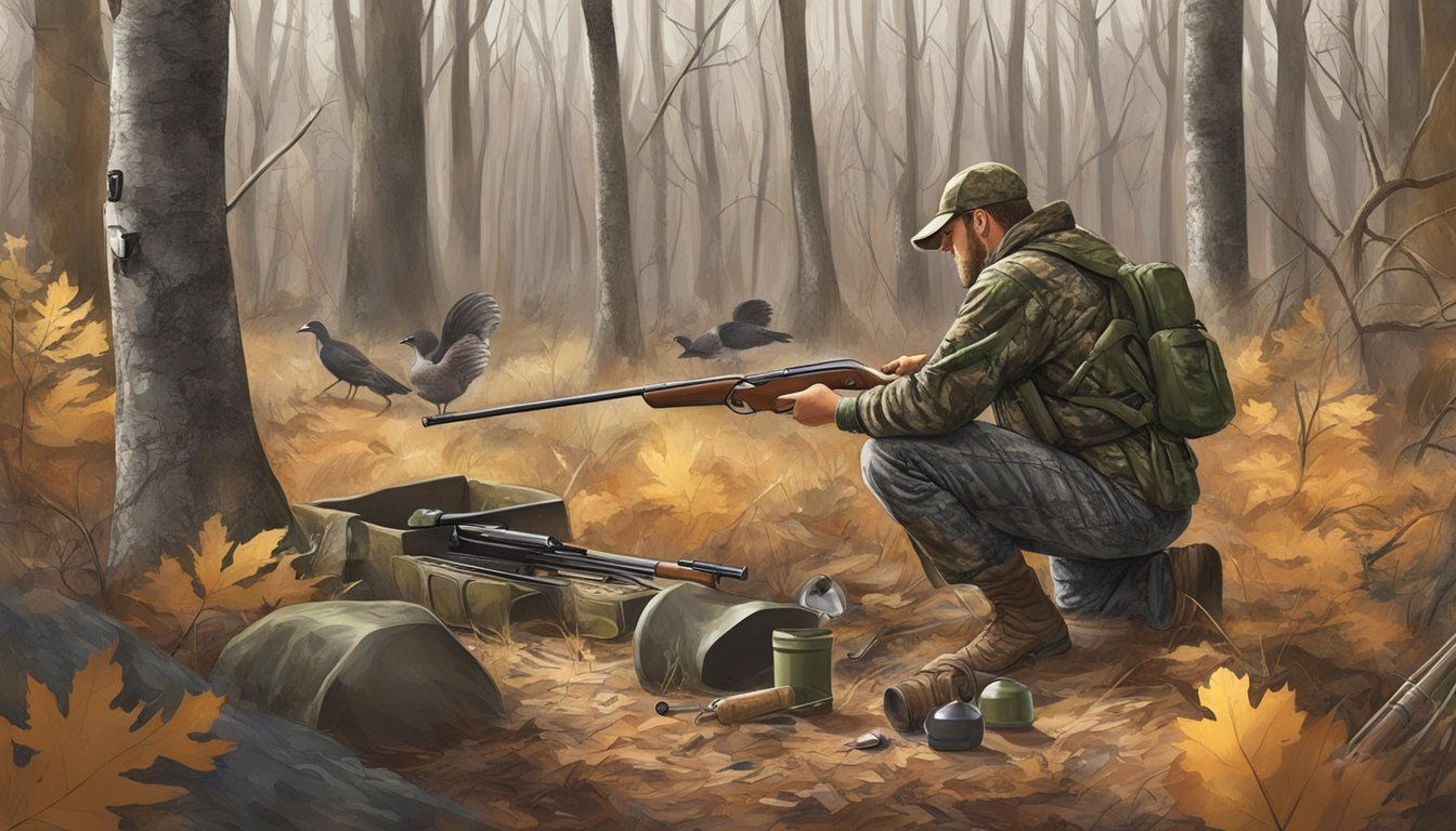 A hunter in camouflage setting up decoys in a wooded area with a shotgun and turkey calls nearby