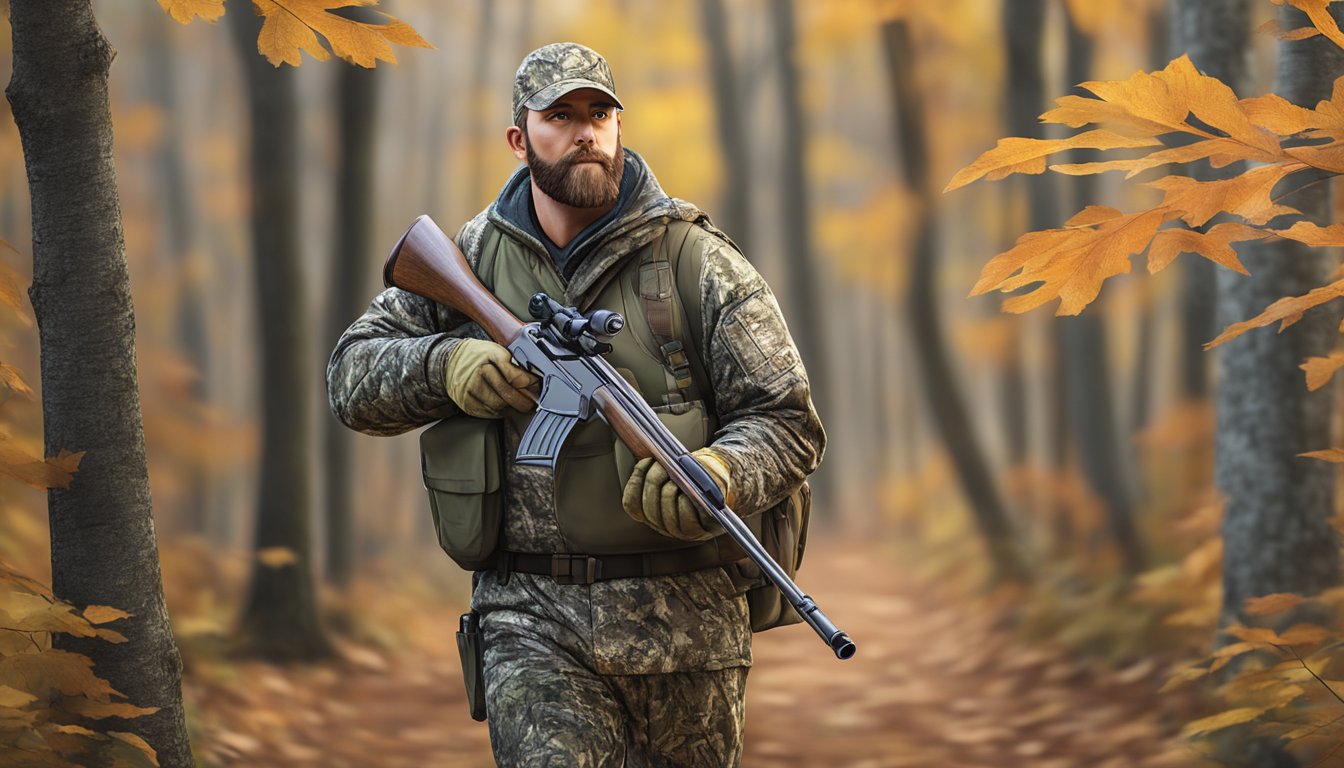 A hunter in camouflage gear with a shotgun, walking through a wooded area in Maryland, with a turkey call in hand