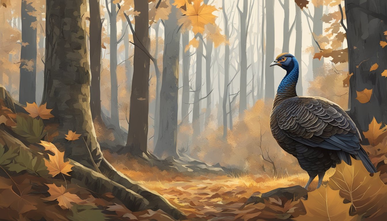 A hunter in camouflage waits in a wooded area, surrounded by tall trees and fallen leaves. A turkey calls in the distance