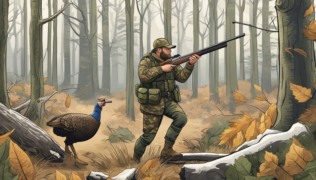 A hunter in camouflage aims a shotgun at a turkey in a forest clearing, with a sign nearby outlining hunting regulations