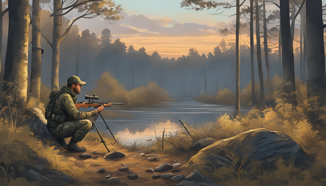 A hunter in camouflage gear setting up decoys in a wooded area at dawn