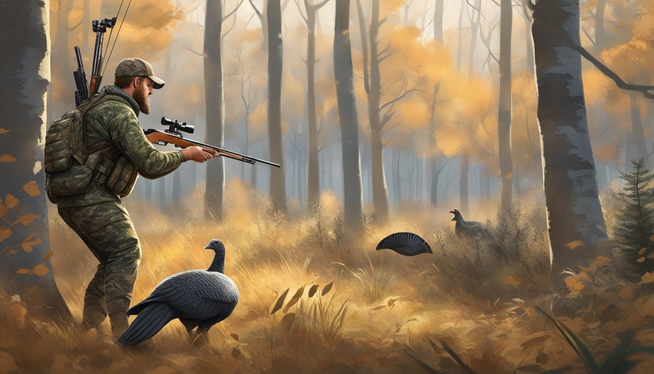 A hunter in camouflage waits in a forest clearing, aiming a bow at a wild turkey. The turkey moves cautiously through the underbrush