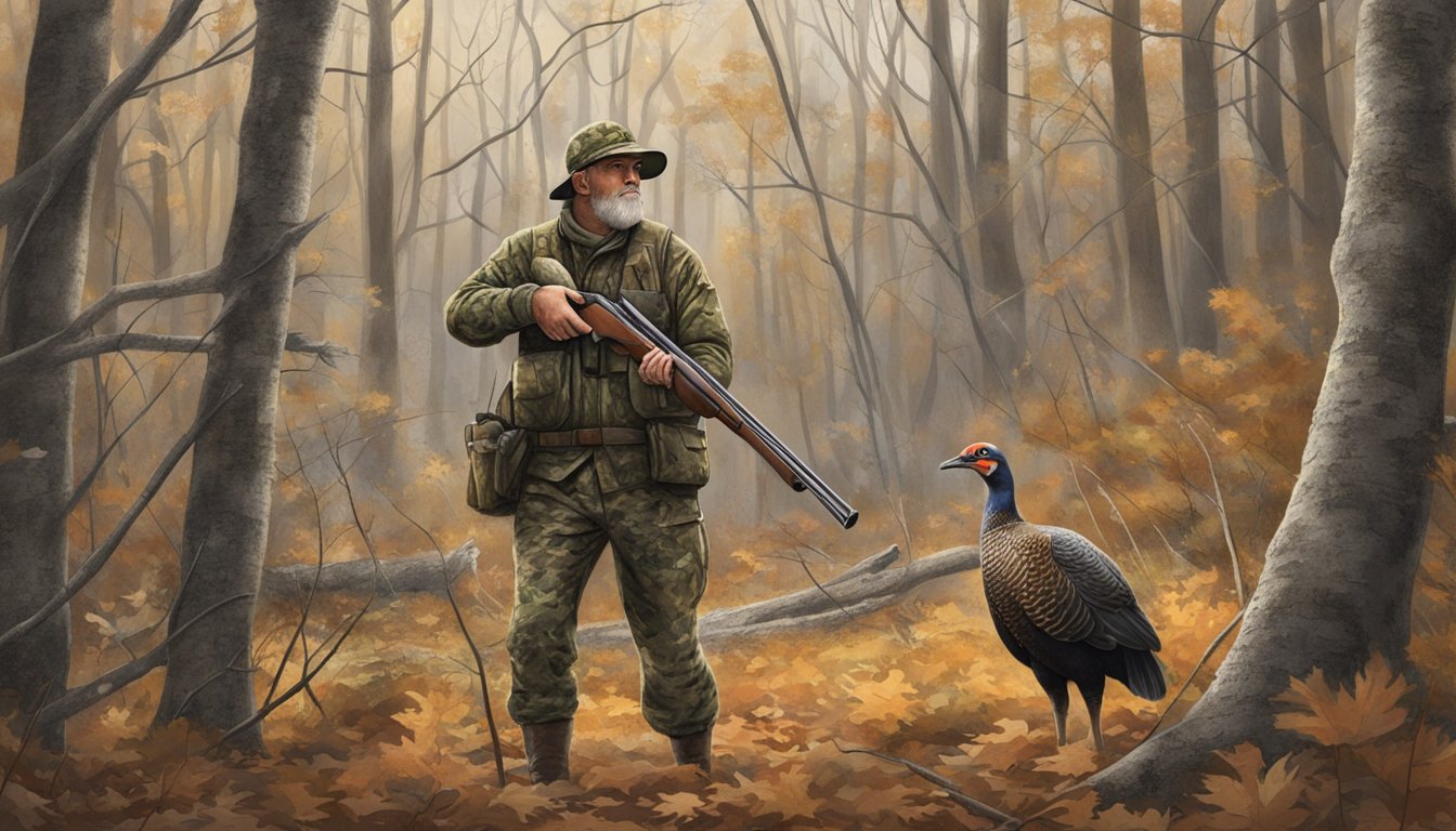 A hunter in camouflage aims a shotgun at a wild turkey in a wooded area of Maryland