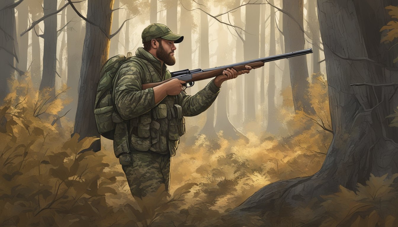 A hunter in camouflage navigating through a dense Louisiana forest, carrying a shotgun and carefully scanning the surroundings for wild turkeys