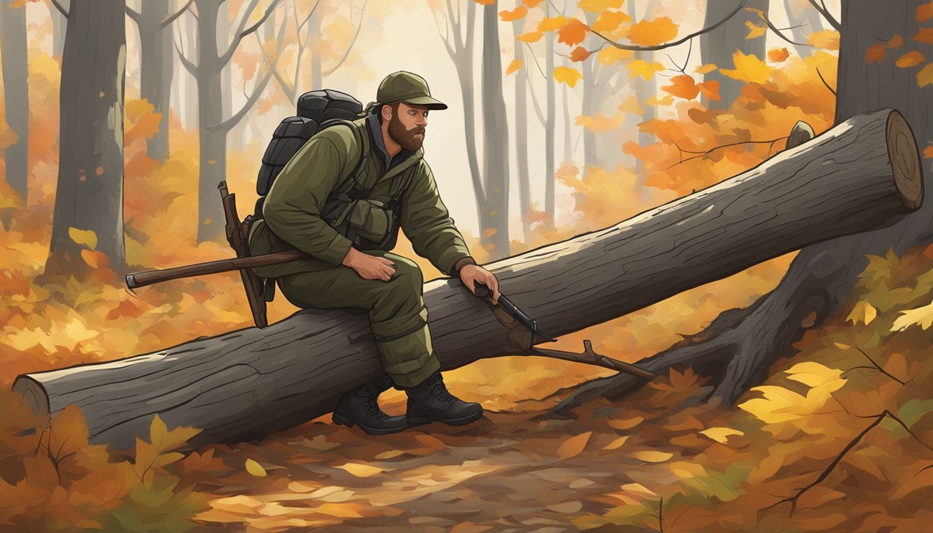 A hunter crouches behind a fallen log, camouflaged against the autumn foliage. A turkey struts through the woods, unaware of the impending danger