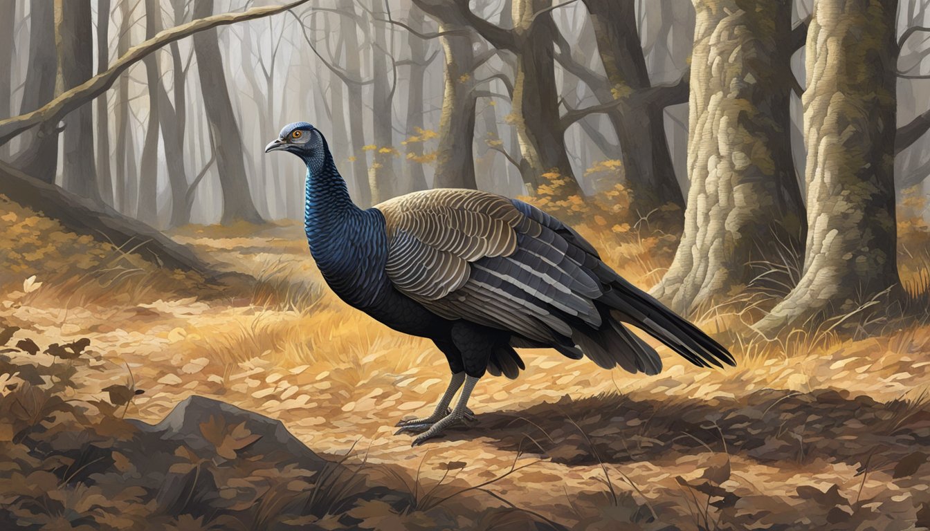 A hunter crouches in a wooded area, camouflaged and waiting, as a wild turkey cautiously approaches, its feathers shimmering in the dappled sunlight