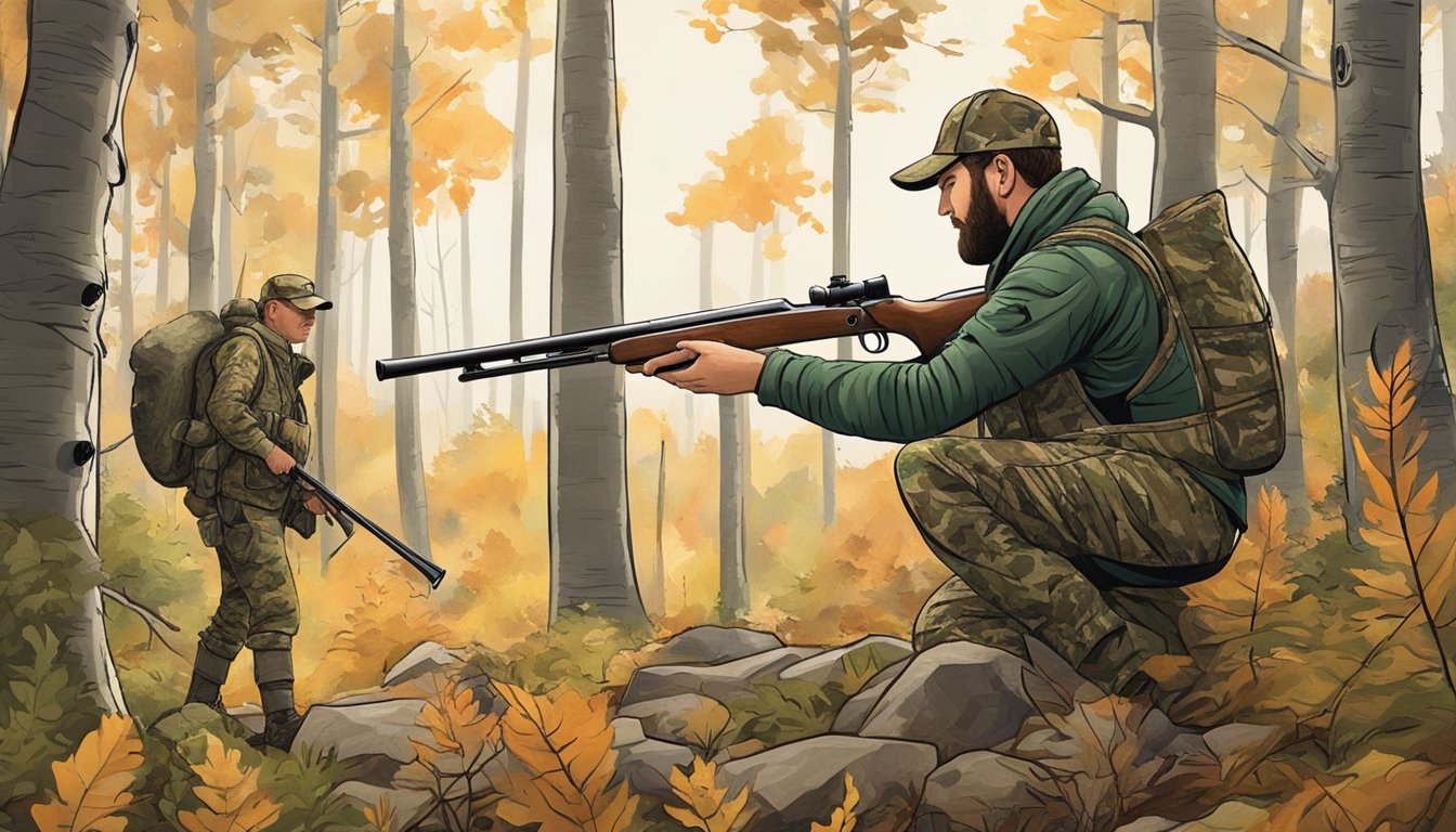 A hunter in camouflage aims a shotgun at a turkey in a wooded area of Maine. A guide stands nearby, offering professional assistance