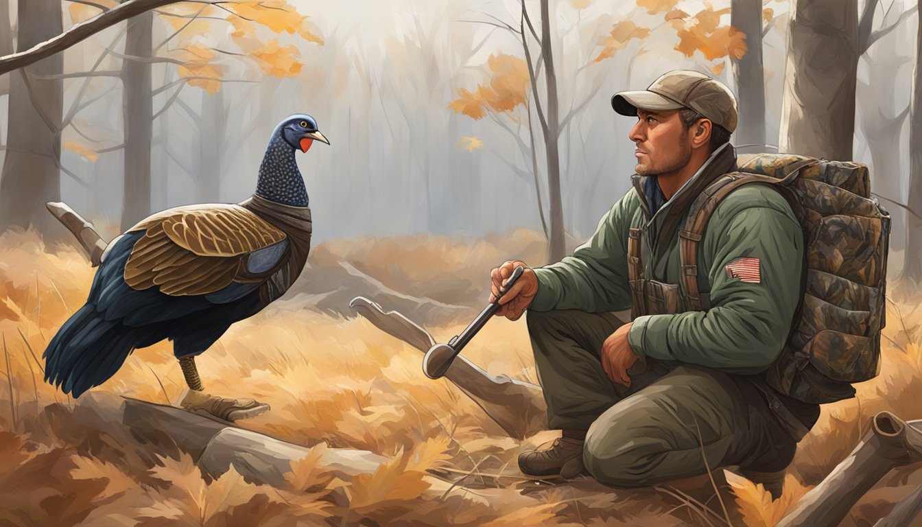 A hunter crouches in a camouflaged blind, calling with a turkey box call. A tom turkey struts in the distance, displaying his feathers