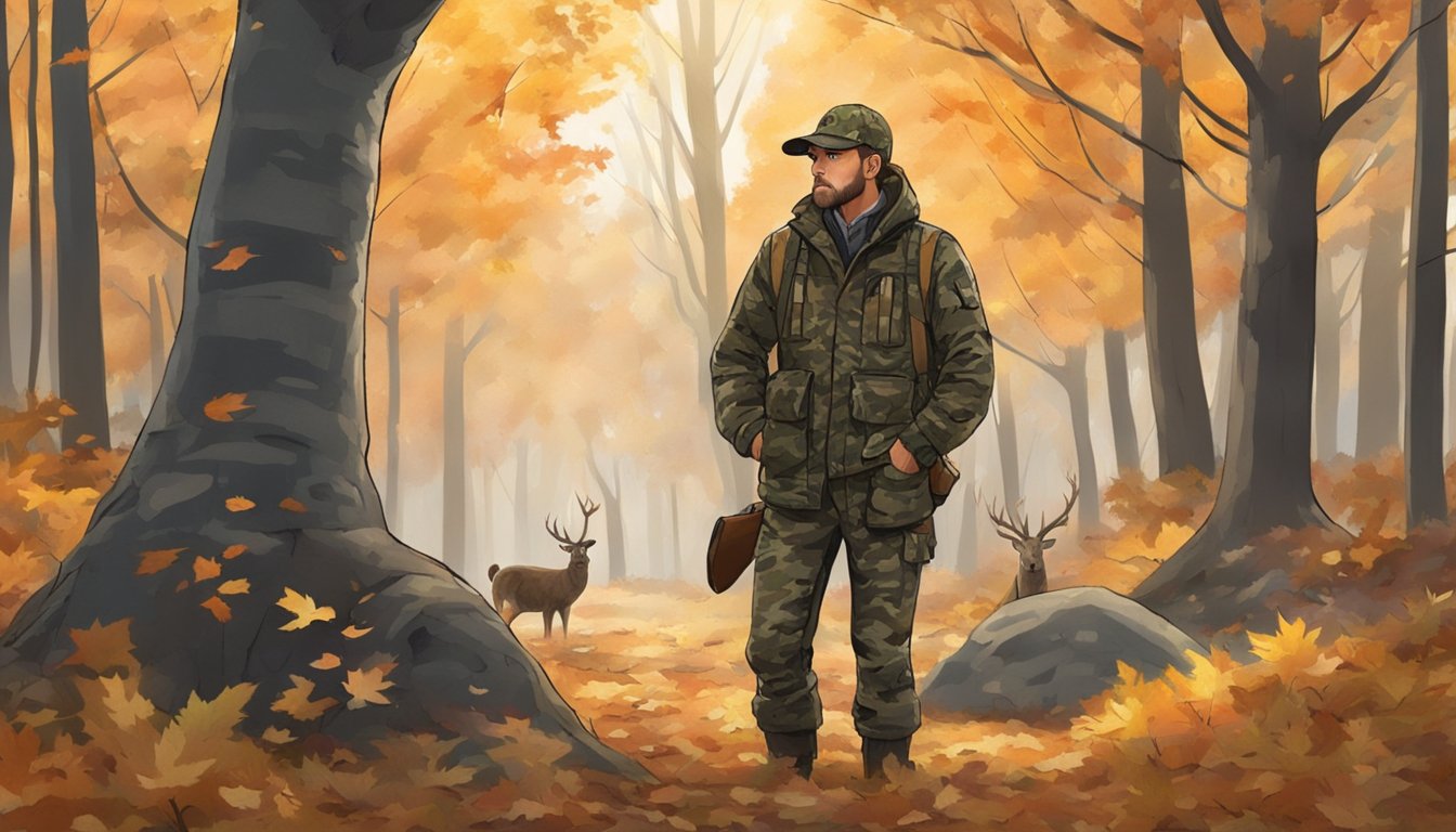 A hunter in camouflage waits in a forest clearing, surrounded by autumn leaves and bare trees, as he listens for the sound of approaching turkeys