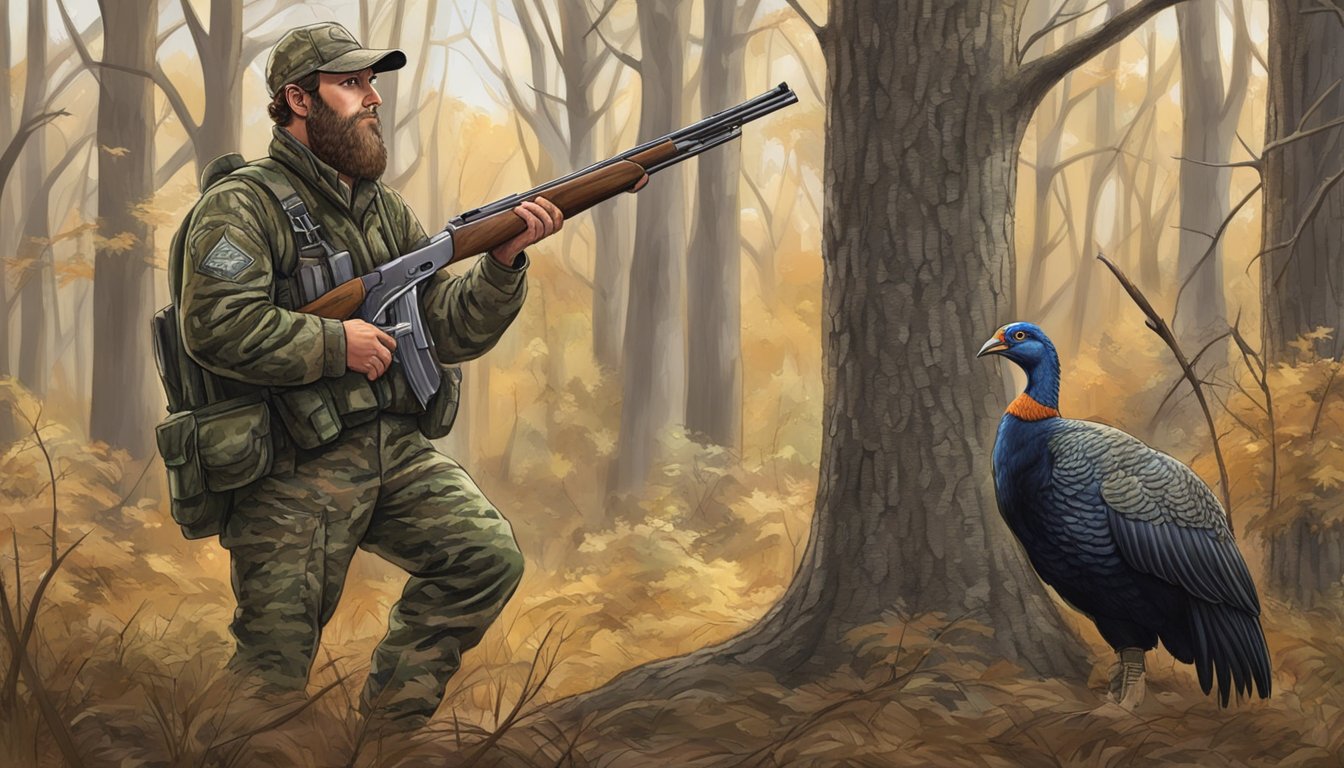 A hunter in camouflage waits behind a tree, shotgun ready. A wild turkey cautiously approaches in a wooded area of Louisiana