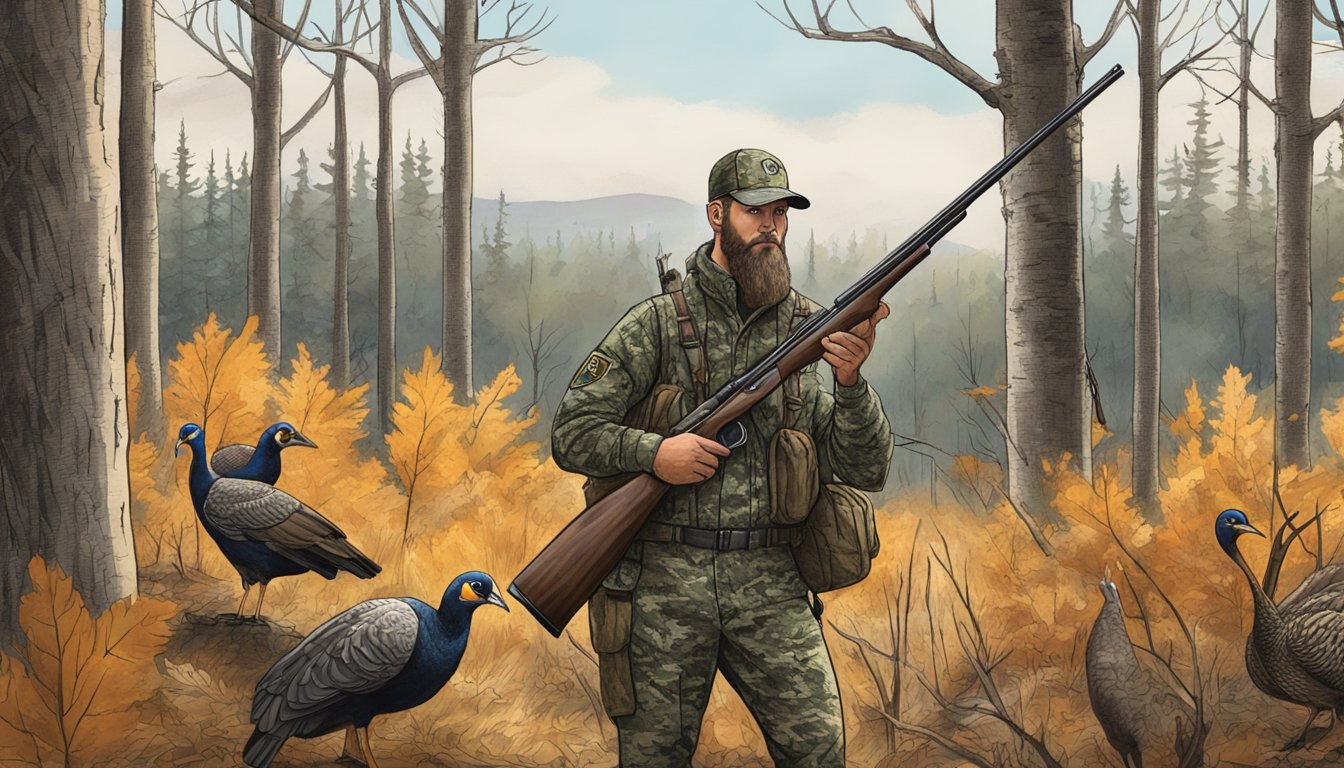 A hunter in camouflage holds a shotgun, surrounded by trees and brush in a Minnesota forest, with turkey decoys set up nearby