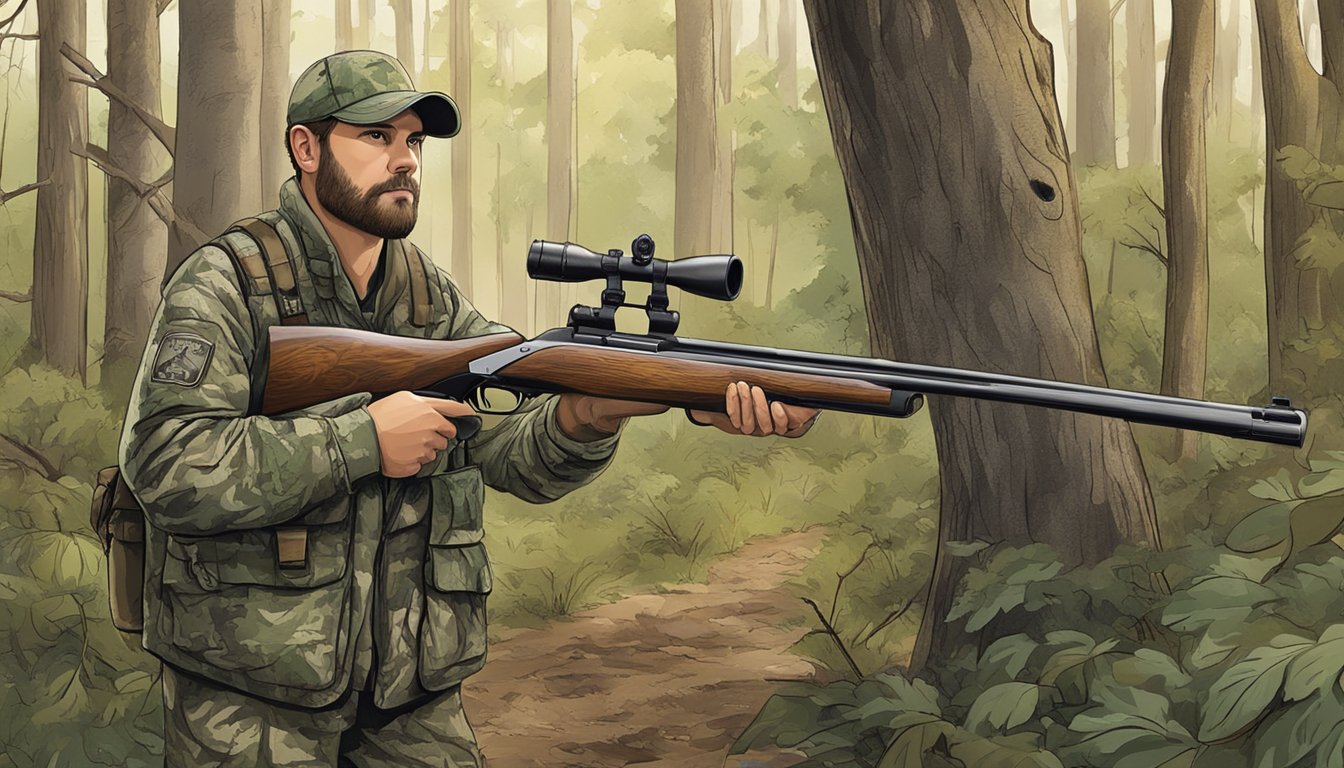 A hunter in camouflage holds a shotgun in a wooded area, with a permit and license displayed on a nearby tree