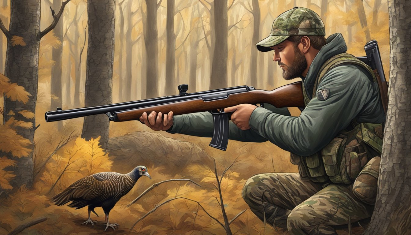 A hunter in camouflage aims a shotgun at a wild turkey in a forest clearing in Minnesota