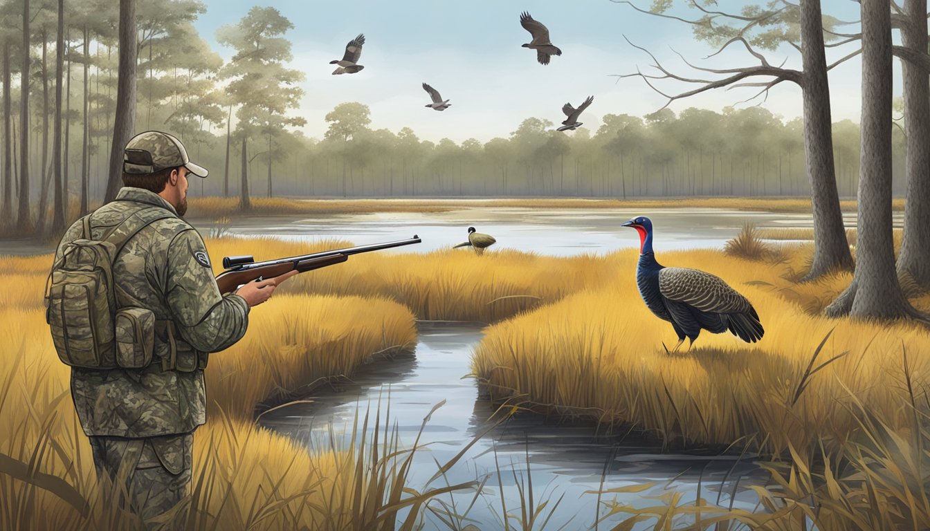 A hunter in camouflage aims a shotgun at a turkey in a Louisiana swamp, while a regulatory compliance officer watches from a distance