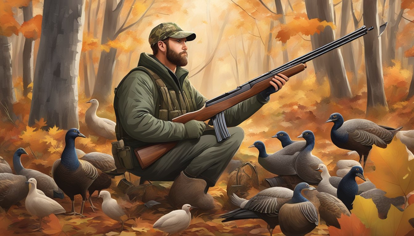 A hunter in camouflage gear loads a shotgun in a wooded area, surrounded by autumn foliage and a few scattered turkey decoys