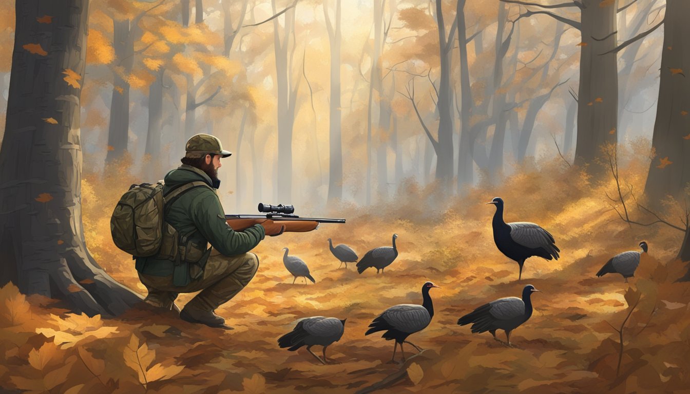 A hunter in camouflage waits in a forest clearing, surrounded by trees and fallen leaves, while wild turkeys roam in the distance