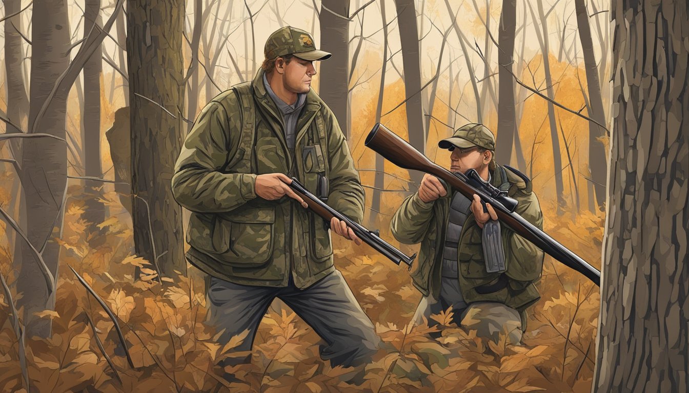 A hunter in Michigan uses a shotgun and turkey calls while wearing camouflage and using a hunting blind in a wooded area