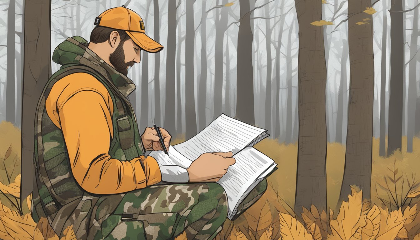 A hunter in camouflage reading a list of turkey hunting regulations in a wooded area