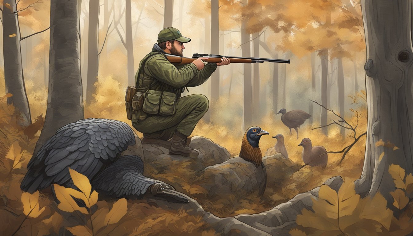 A hunter in camouflage aiming at a turkey in a wooded area, with a focus on ethical and conservation practices