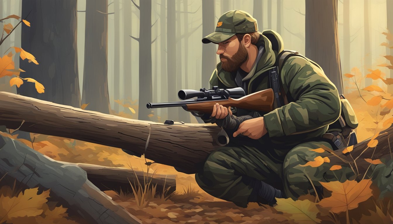 A hunter in camouflage gear crouches behind a fallen log, a shotgun at the ready. The forest is alive with the sounds of birds and rustling leaves