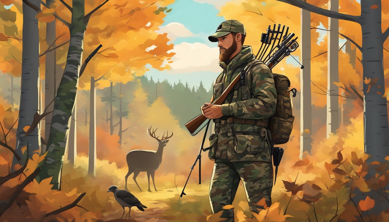 A hunter in camouflage waits in a tree stand with a compound bow, decoys, and turkey calls. The forest is lush and vibrant with autumn colors