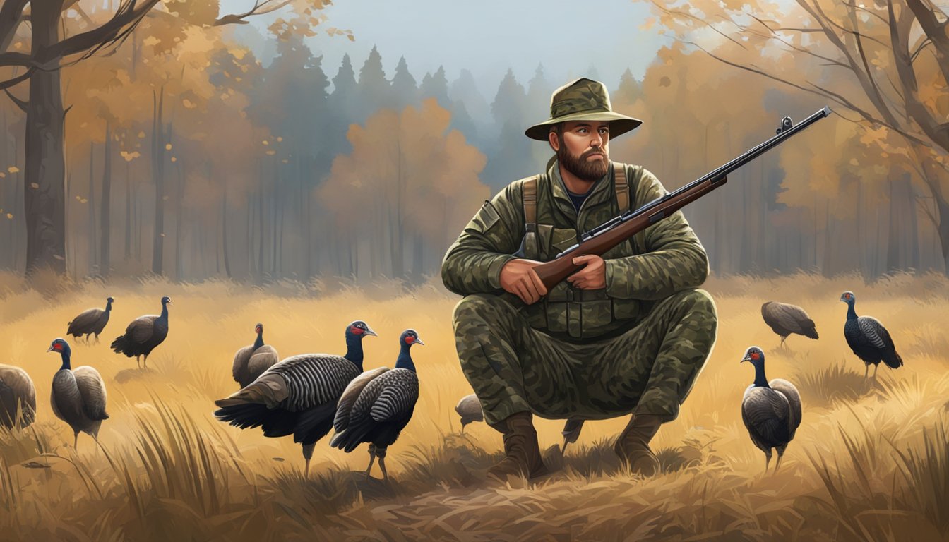 A hunter wearing camouflage sits in a blind, shotgun at the ready. A flock of wild turkeys forage in a grassy field, surrounded by forest