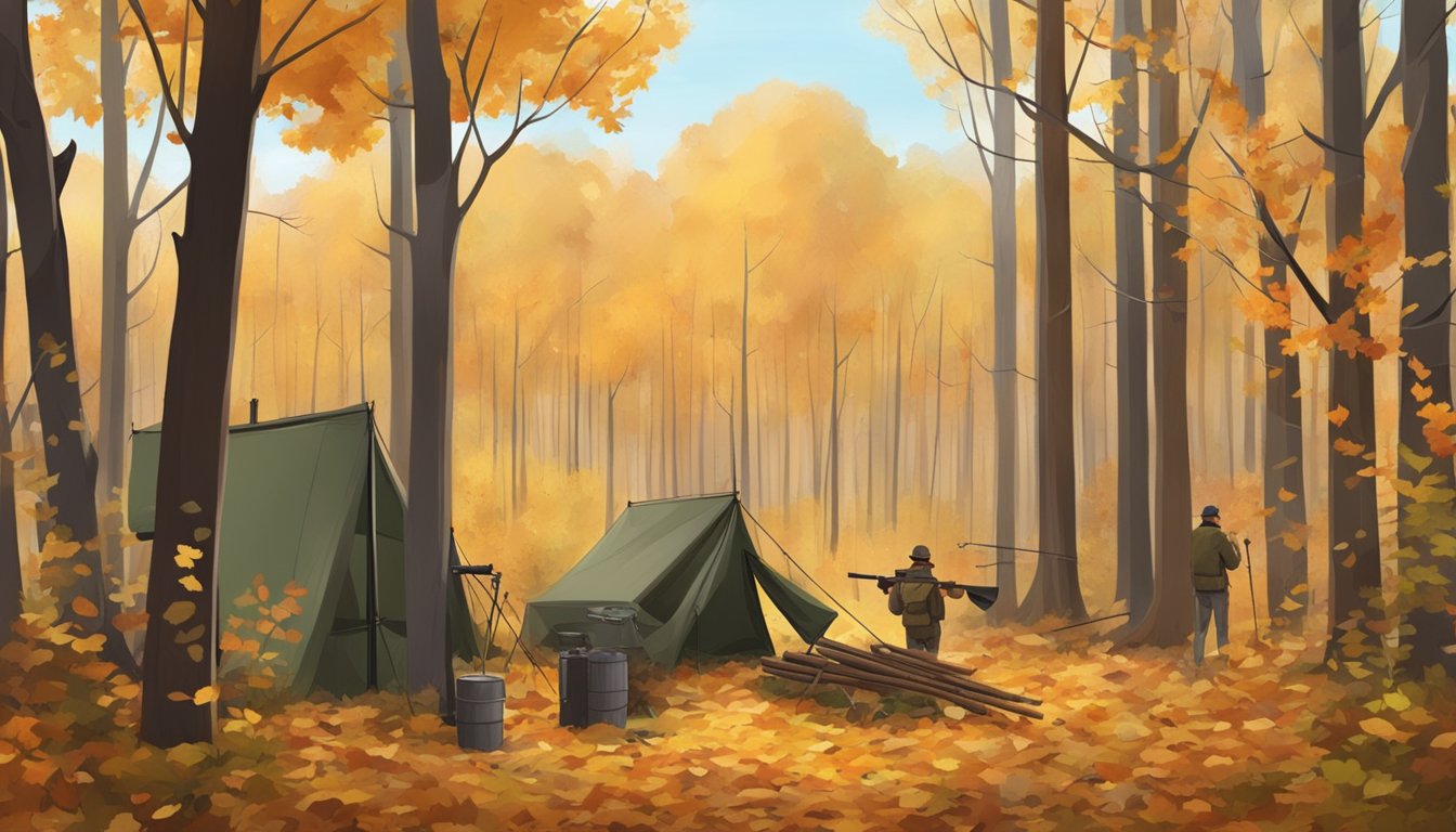 A dense forest with autumn foliage, a small clearing, and scattered fallen leaves. A hunter's blind and decoys are set up in the clearing