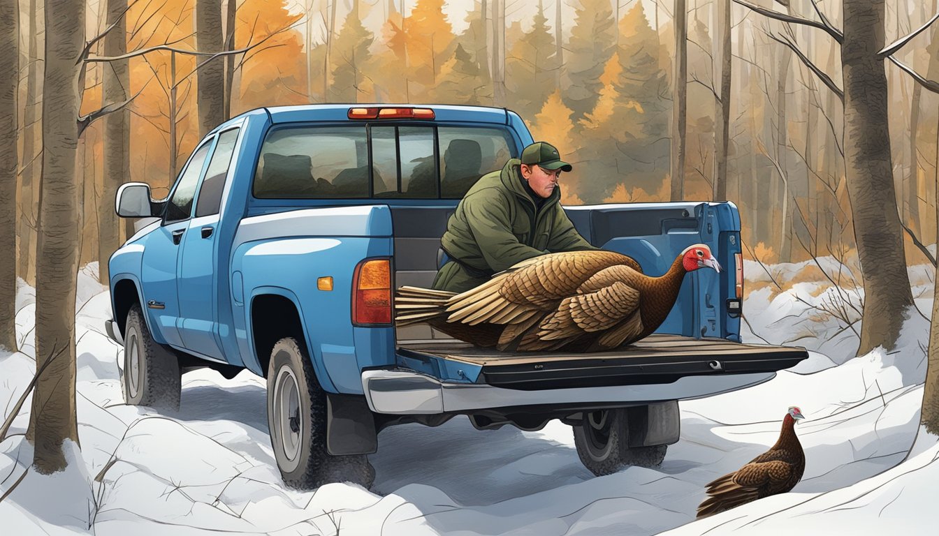 A hunter tags a turkey, loads it into a truck, and reports the hunt to authorities in a wooded Massachusetts landscape