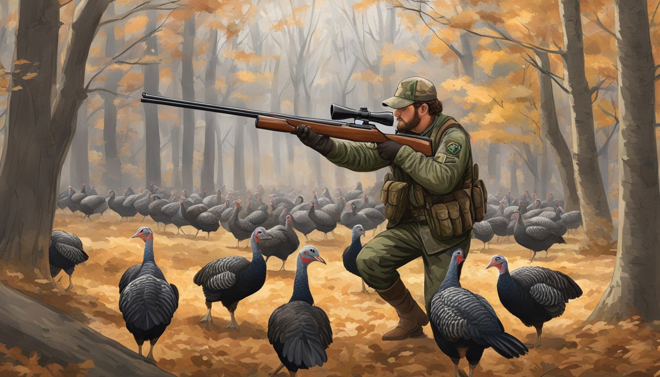 A hunter in camouflage gear, aiming a shotgun at a flock of turkeys in a wooded area of Massachusetts