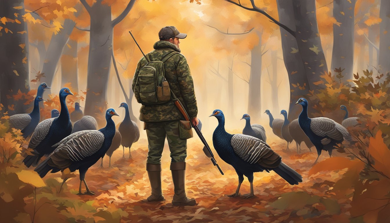 A hunter in camouflage waits in a wooded area, shotgun at the ready, as a flock of wild turkeys moves through the autumn foliage