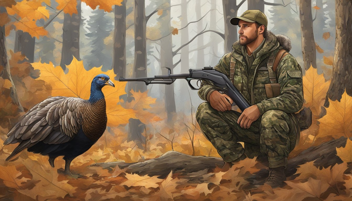 A hunter in camouflage aims at a turkey in a wooded area of Montana, surrounded by trees and fallen leaves