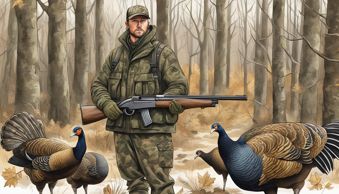 A hunter in camouflage with a shotgun and turkey decoys in a wooded area of Missouri