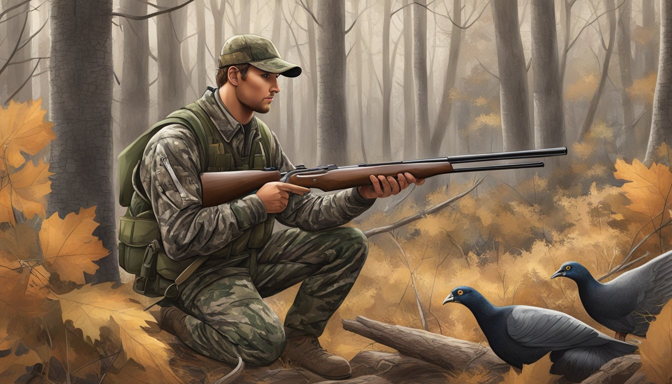 A hunter in camouflage setting up a decoy near a wooded area with a shotgun and turkey calls nearby