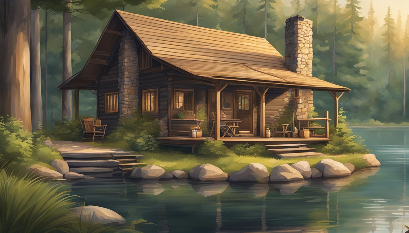 A cozy cabin nestled in the woods, surrounded by lush greenery and a tranquil lake. A hunting gear and ammunition scattered around the porch