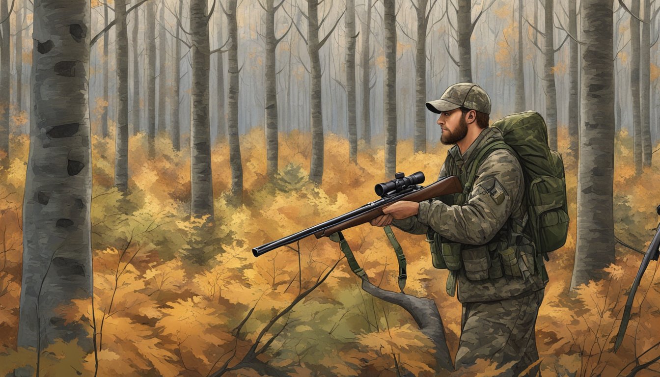 A hunter in camouflage navigating through a dense New Hampshire forest, carrying a shotgun and scanning the area for wild turkeys