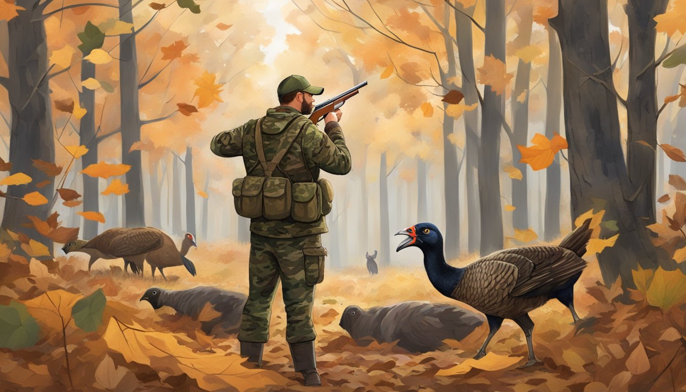 A hunter in camouflage aims a shotgun at a turkey in a wooded area of New Hampshire. The turkey is alert, surrounded by fallen leaves